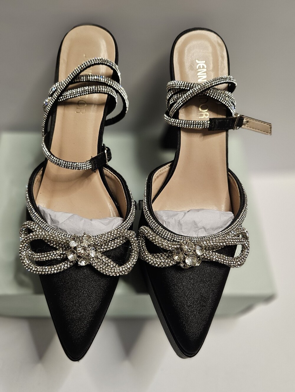 Jenn Ardor Black Satin Pointed Slingback Mules with Crystal Bow
